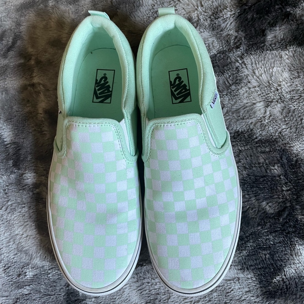 Mint and White Checkered Slip On Vans (read description for size)